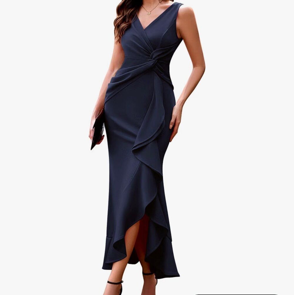 BeryLove Formal Evening Midi Ruffle Dress Navy Size 2XL New With Tag